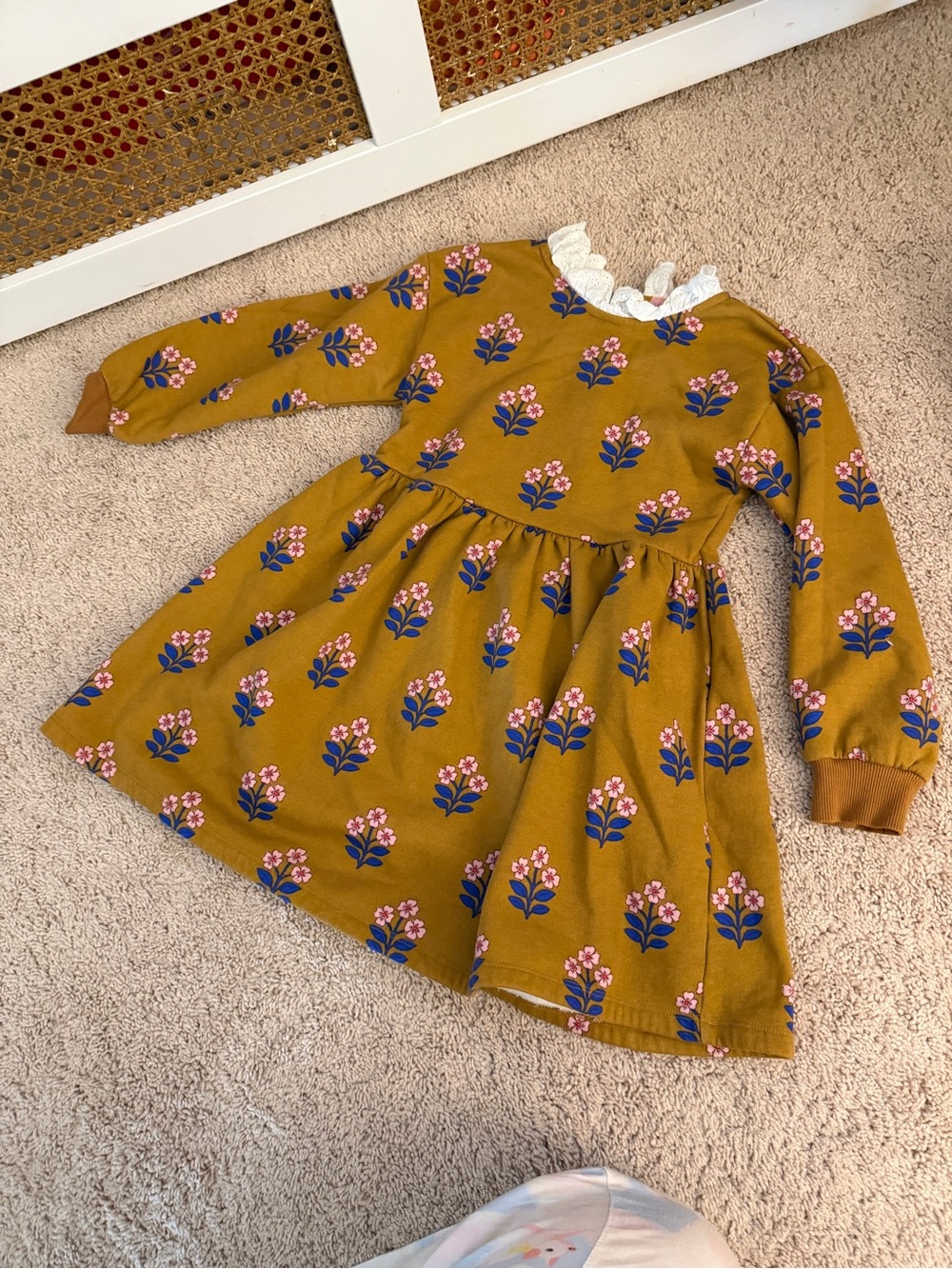 Mini Boden Mustard Floral Dress with Lace Collar